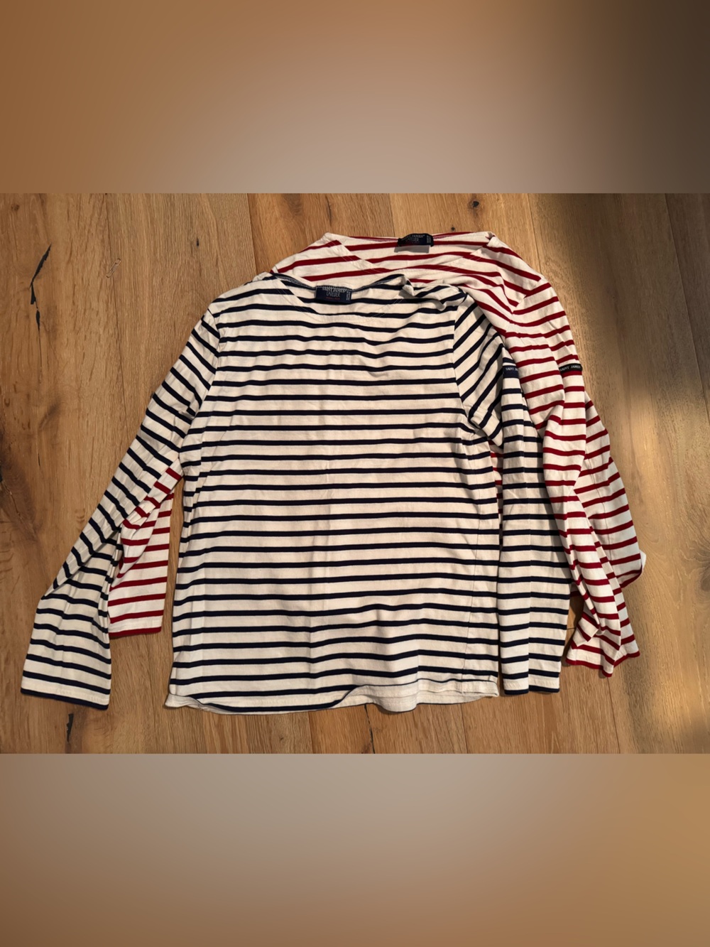 Saint James 2 Striped Long Sleeve Tee Pair - Navy & Red Stripes on Cream